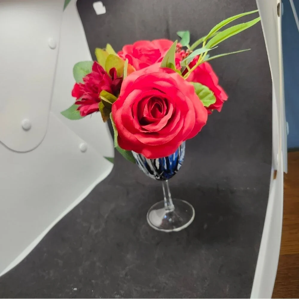 Hand Crafted Floral Table Centerpiece Summer Red Roses Flower Wine Glass